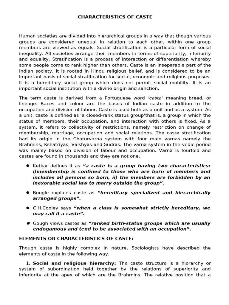 Characteristics of the Caste System | PDF | Caste | Social Divisions