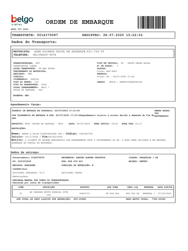 Ordem de Embarque e Transporte 0014370087 | PDF