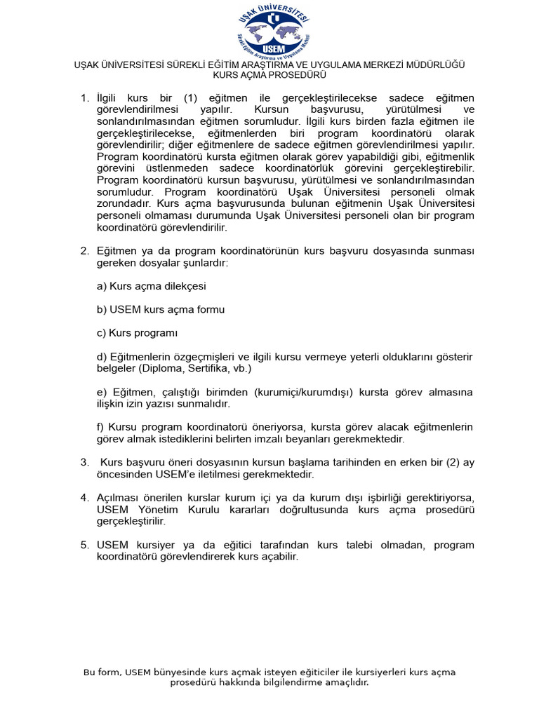 USEM-Kurs Açma Prosedürü | PDF
