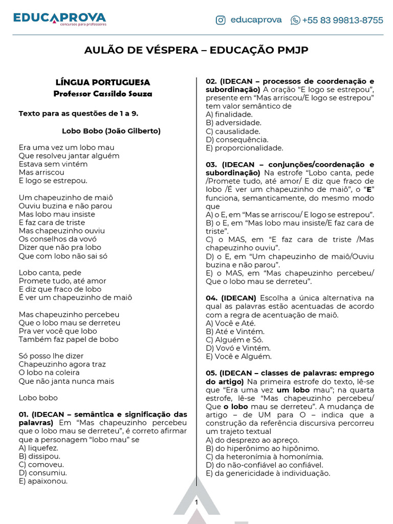 Aulão de Véspera: Língua Portuguesa PMJP | PDF | Pedagogia | Educação à ...