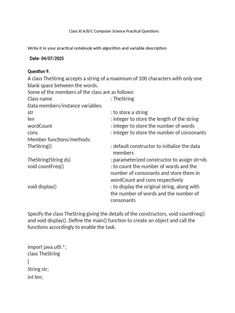 Class XI Computer Science Practical Guide | PDF | Constructor (Object ...
