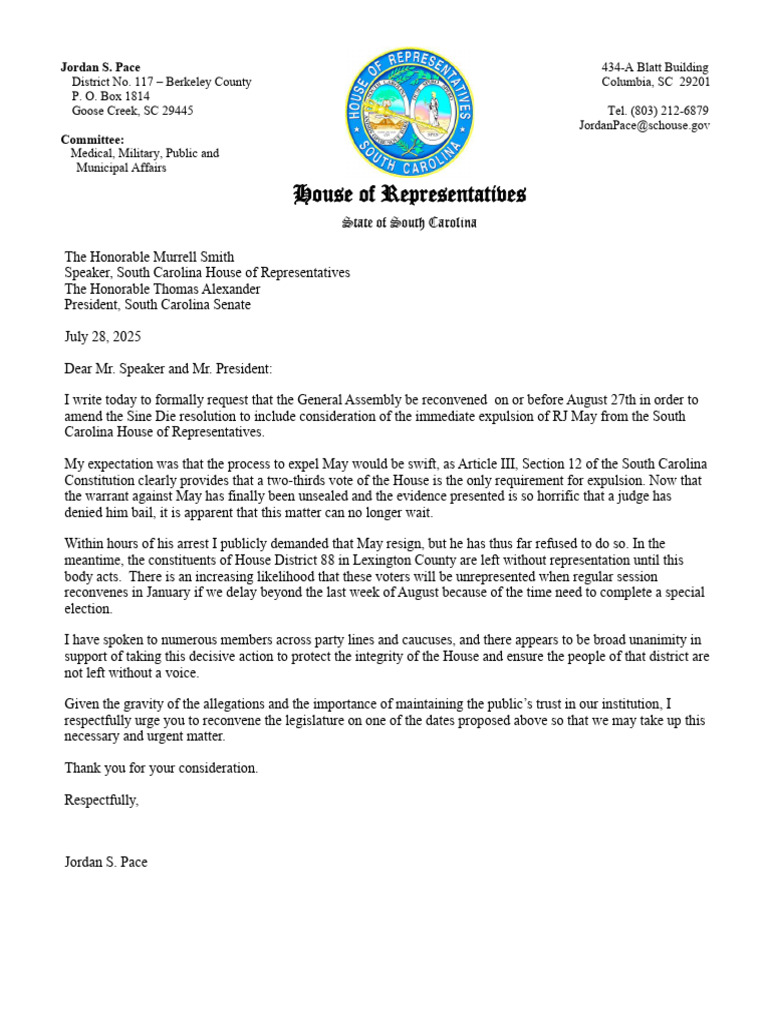 Urgent Request to Reconvene SC Legislature | PDF | United States House ...