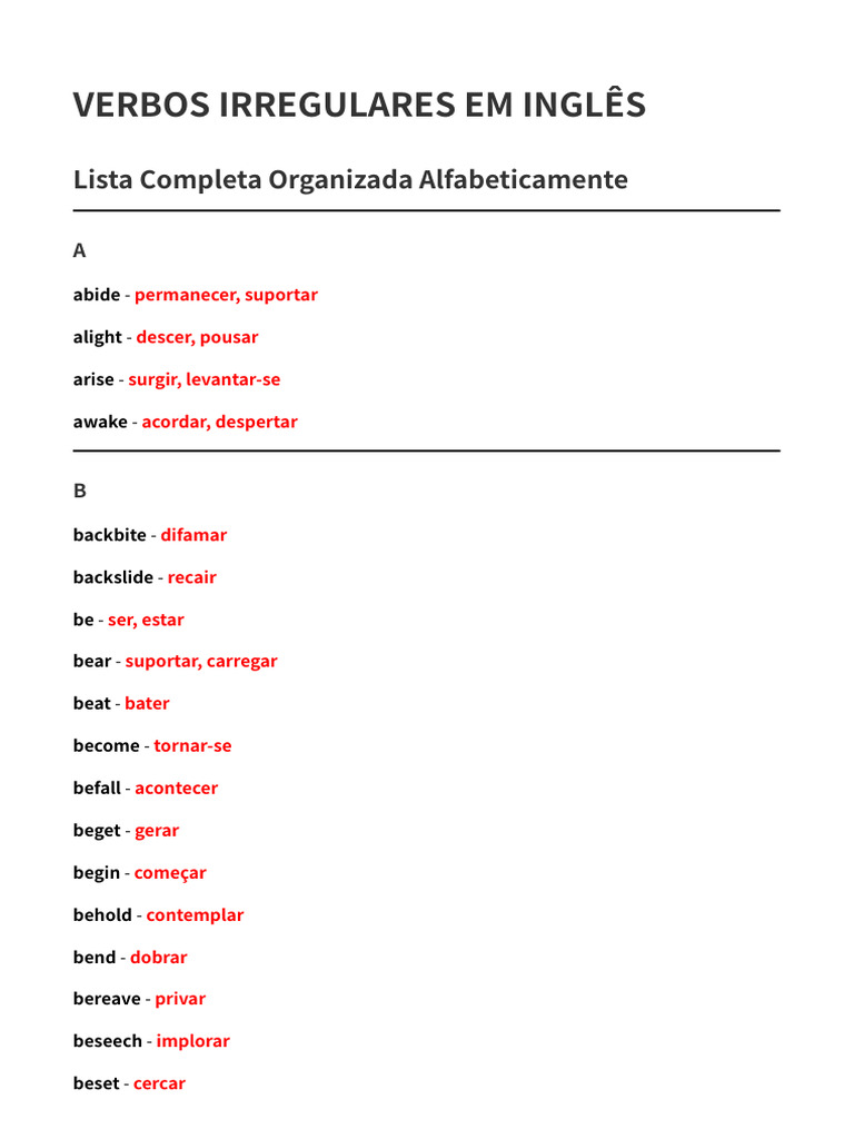 Lista de 470 Verbos Irregulares em Inglês | PDF | Linguística