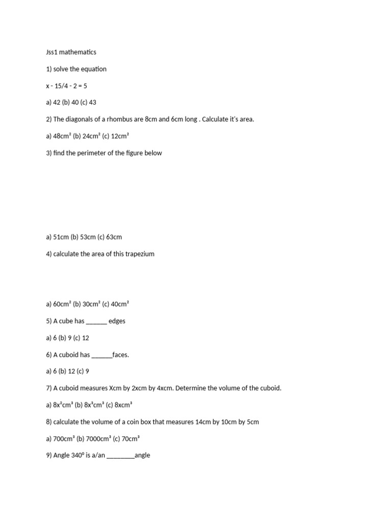 JSS1 Mathematics Practice Questions | PDF | Angle | Volume