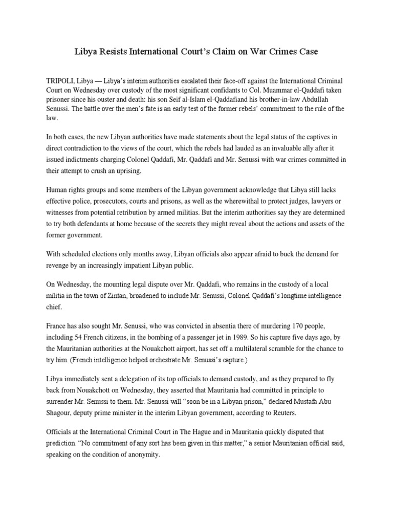 Libya Defies ICC on Qaddafi War Crimes | PDF | Muammar Gaddafi | Crime ...