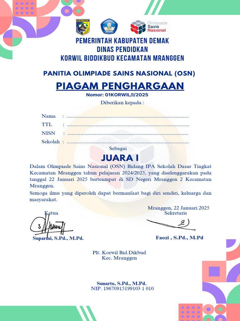 Piagam OSN Kec. Mranggen 2025 | PDF