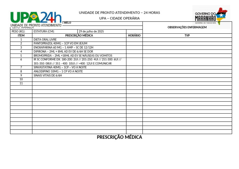 Prescrição Médica UPA 24h - Cidade Operária | PDF