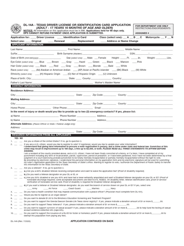 Texas DL-14A Application Form | PDF | Driver's License | Felony