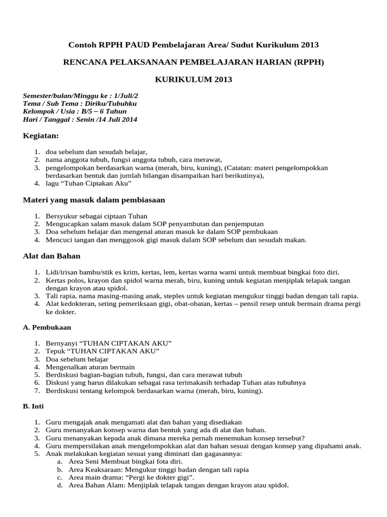Contoh RPPH PAUD Pembelajaran Area | PDF