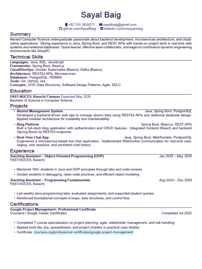 SayalBaig Resume SimpliFI PDF | PDF | Databases | Object Oriented ...