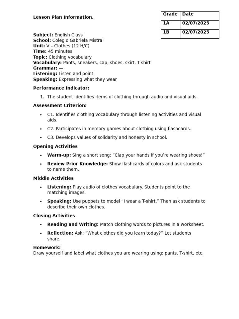 Lesson Plan Information July 1 | PDF | Vocabulary | English Language