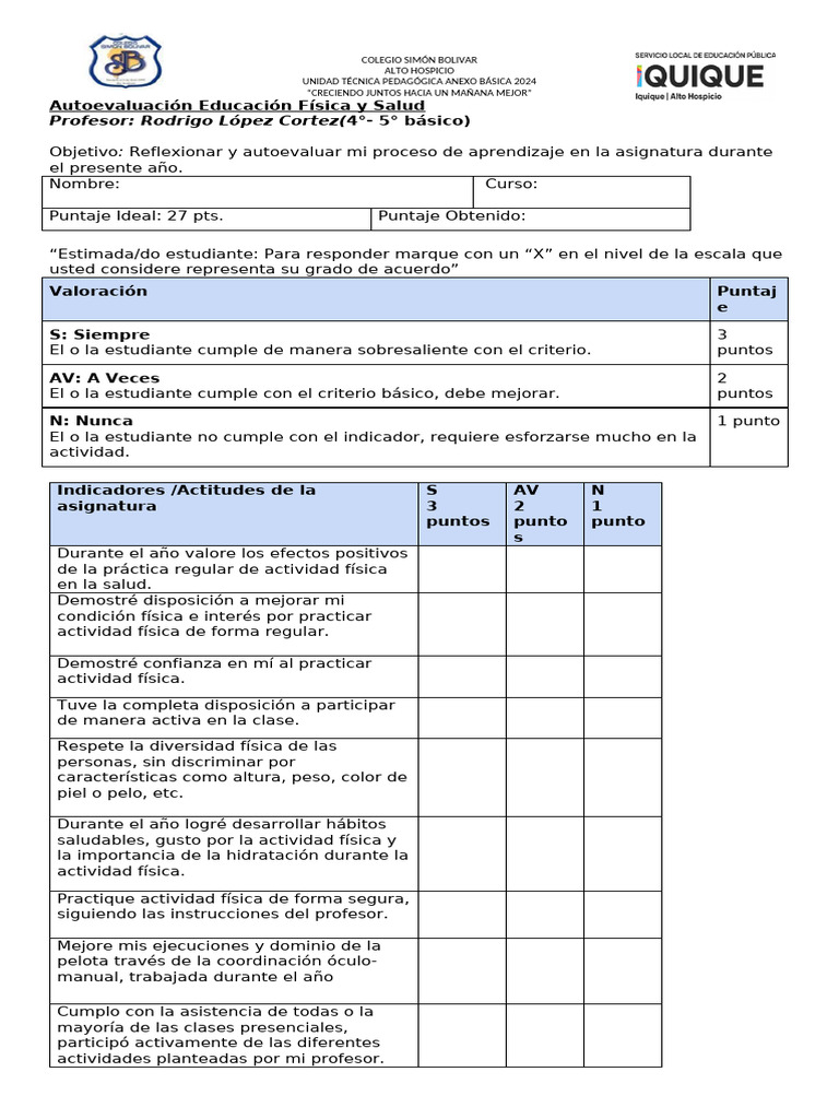 Autoevaluación Educación Física 2024 | PDF | Maestros | Cognición