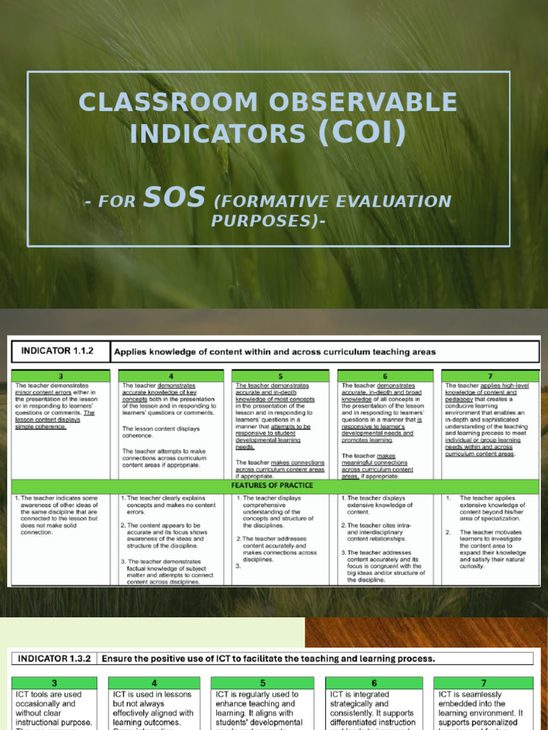 Classroom Observable Indicators Coi Pdf