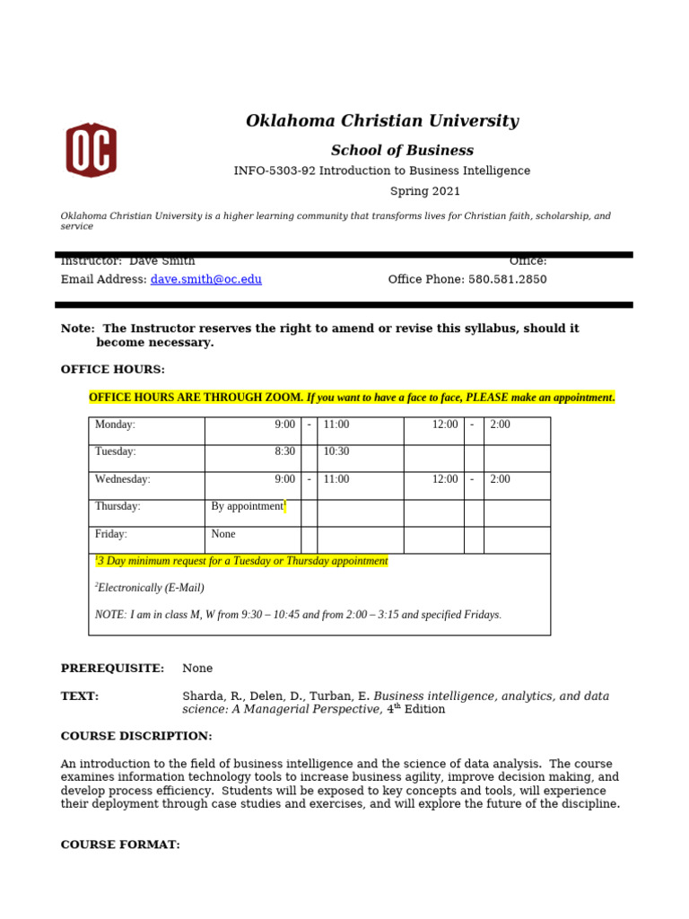 Spring 2021 Business Intelligence Syllabus - 92 | PDF | Analytics ...