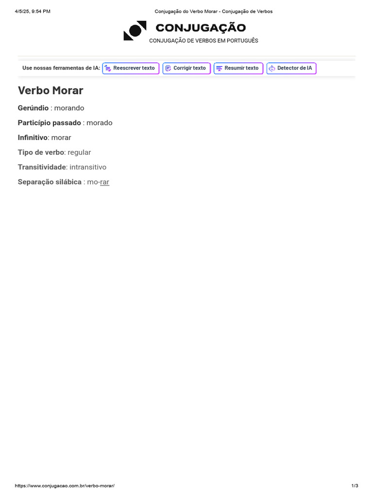 Conjugação do Verbo Morar em Português | PDF | Semântica | Conjugação ...