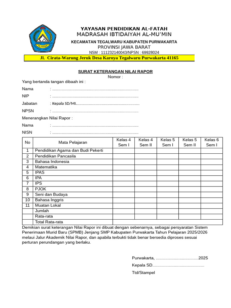 FORMAT NILAI RATA-RATA JALUR AKADEMIK PRESTASI RAPOR | PDF