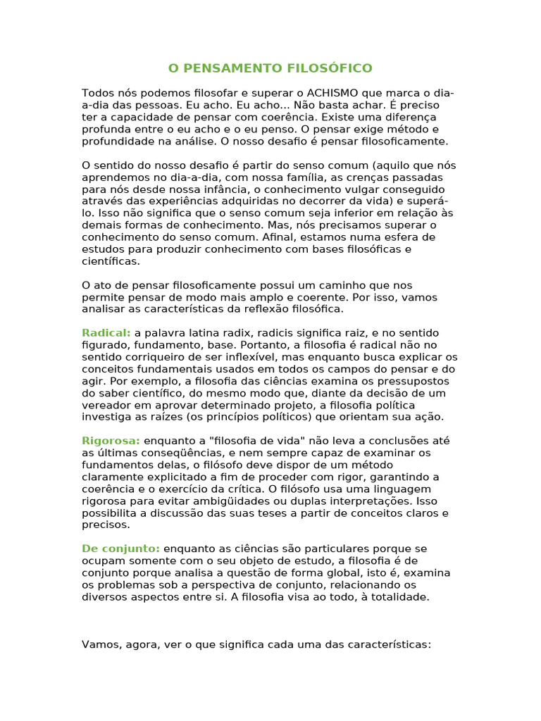 Características do Pensamento Filosófico | PDF | Iluminismo | Aristóteles
