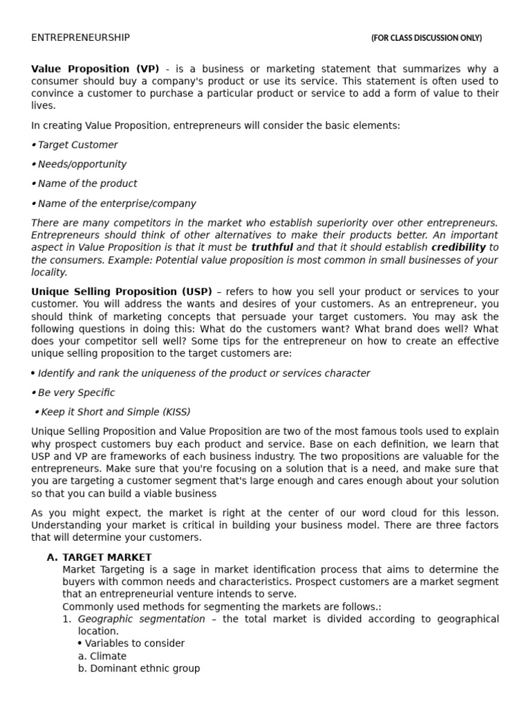 Entrep VP and Usp 085028 | PDF | Market Segmentation | Business