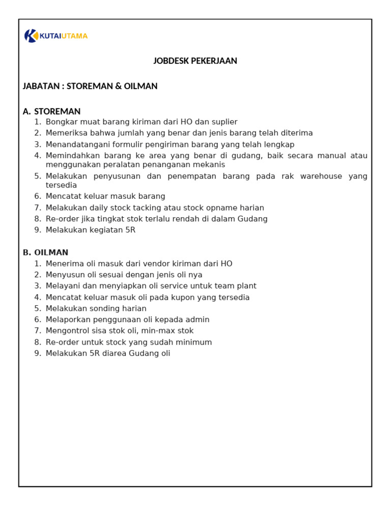 Jobdesk Storeman dan Oilman Tambang | PDF