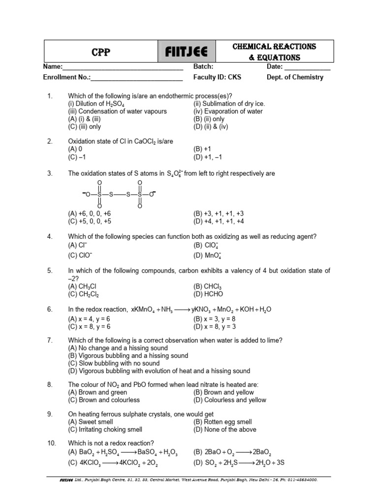 Chemical Reactions & Equations Quiz | PDF | Redox | Chemical Reactions