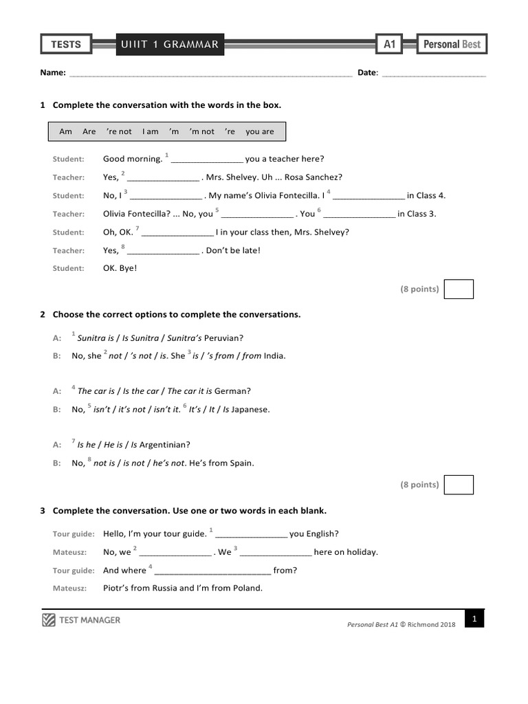A1 English Class Unit 1 Test | PDF