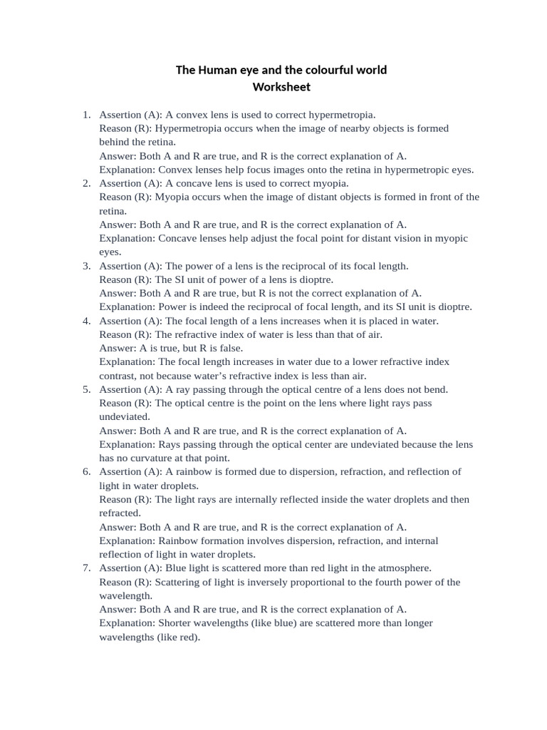 Photo inspiration: Visual Reference: Class 10 Human Eye Assertions Reasons Pdf Refraction