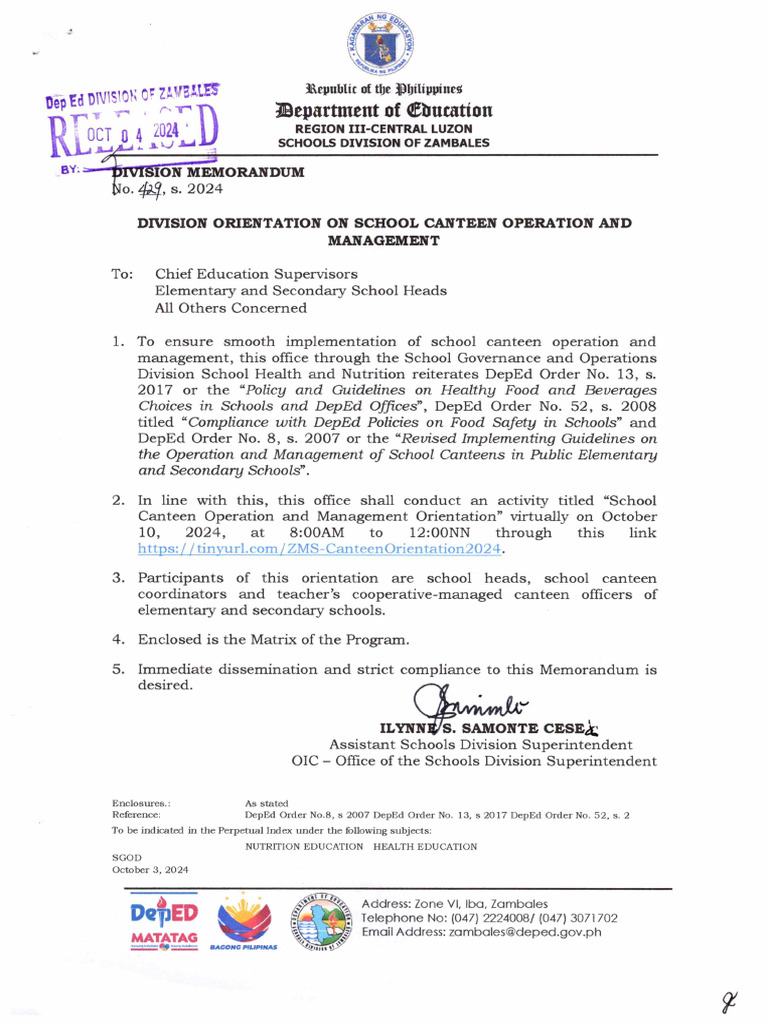 DM No. 429, S. 2024 - Division Orientation On School Canteen Operation ...