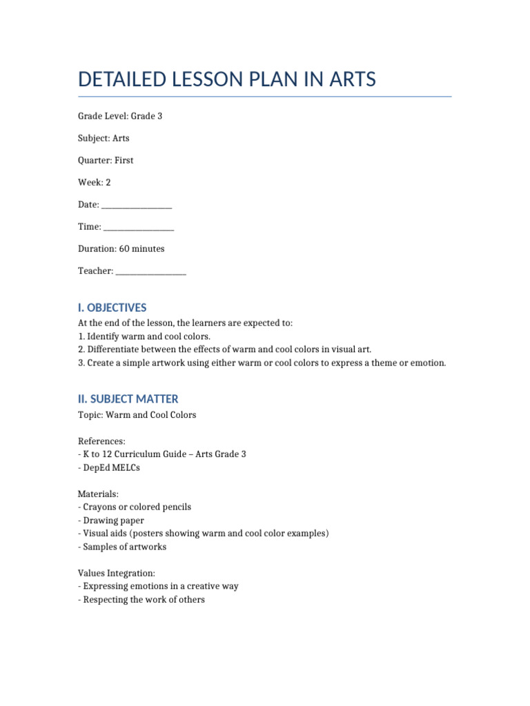 Grade 3 Warm and Cool Colors Lesson Plan | PDF | Color | Lesson Plan