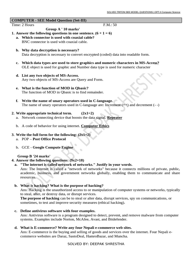 Solved Triton See Model Questions Opt II Computer Science - Set 3 | PDF ...