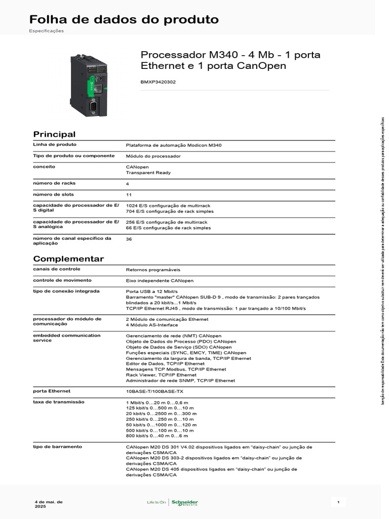 Processador Modicon M340: Especificações Técnicas | PDF | Ethernet ...
