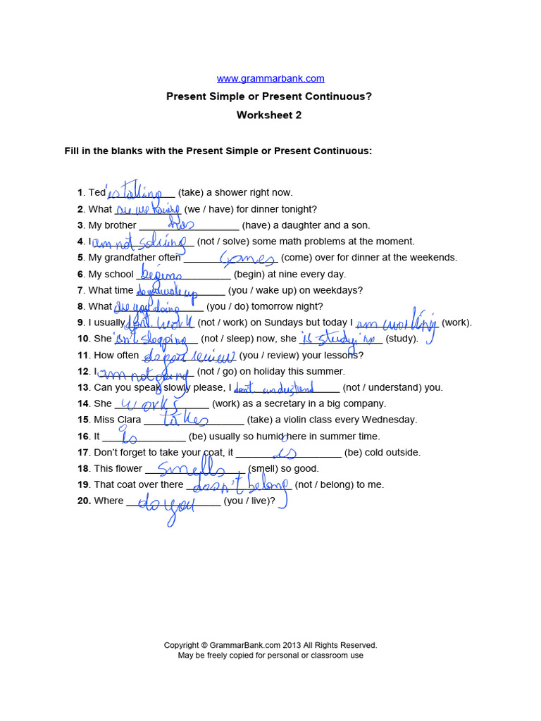 Present Simple vs Continuous Worksheet | PDF