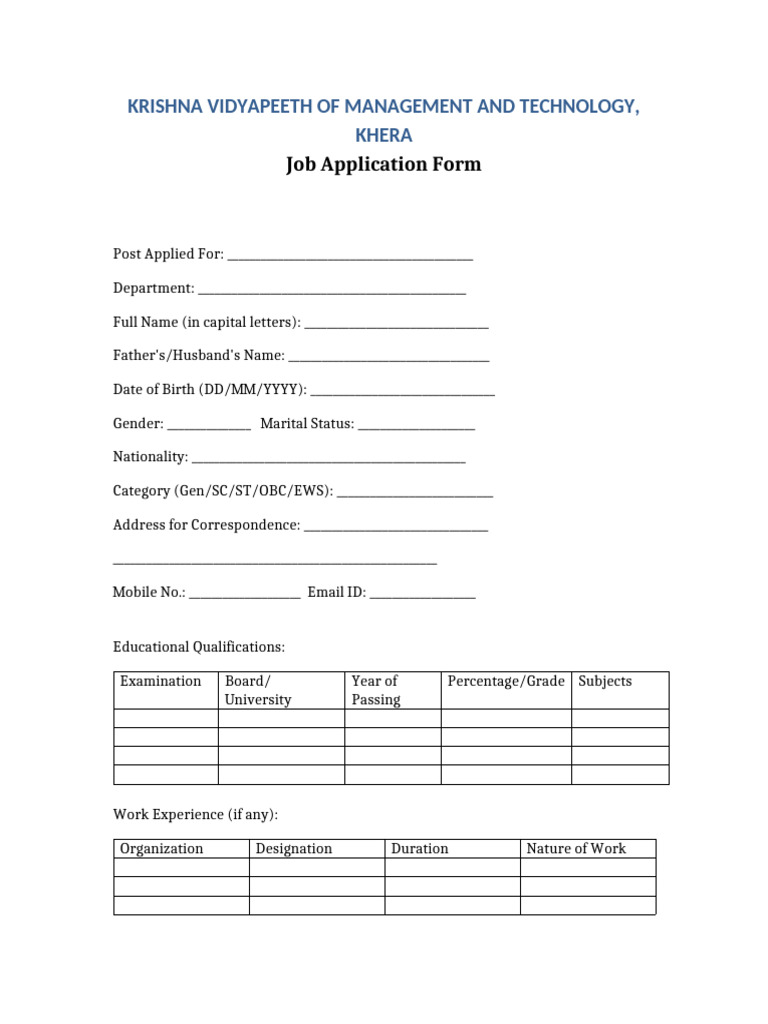 KVMT Job Application Form-Aq2JW7BprNcynlZd | PDF