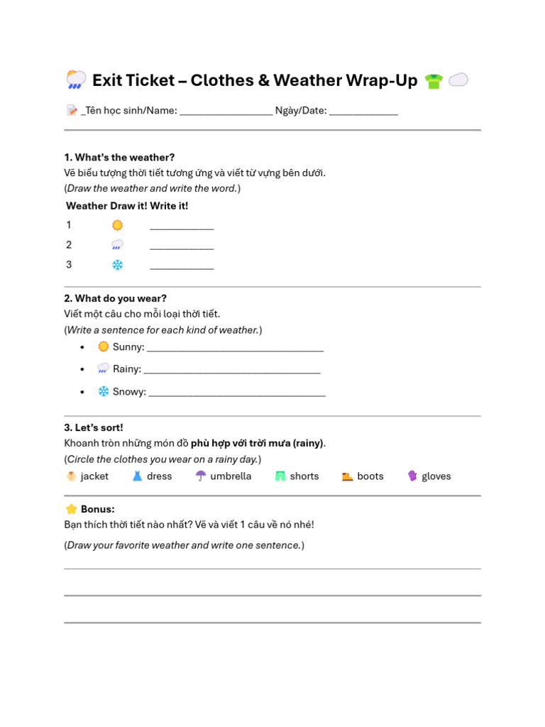 ?exit Ticket - Clothes and Weather | PDF