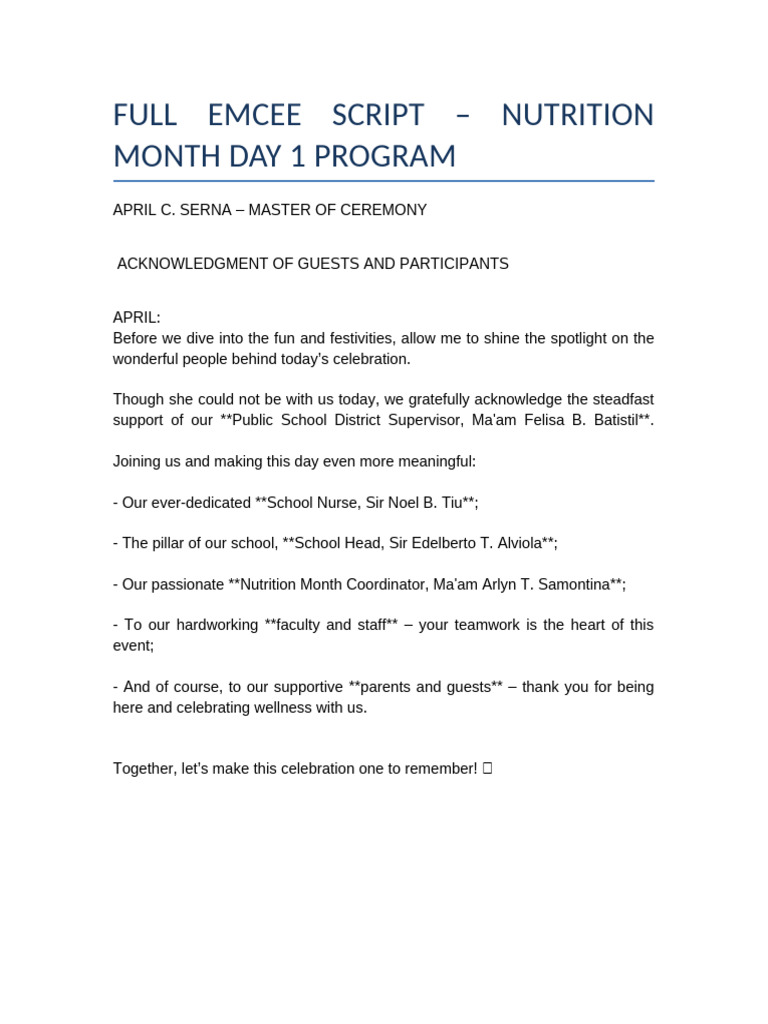 Nutrition Month 2025 Emcee Script | PDF