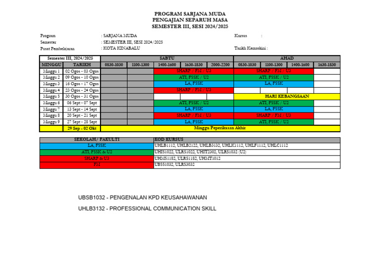 Jadual Kuliah Semester Iii 2425 10.6.25 19 | PDF