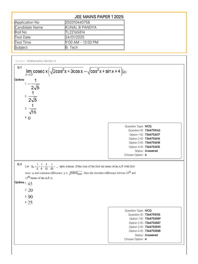 JEE Mains 2025 Candidate Answer Sheet | PDF | Multiple Choice ...