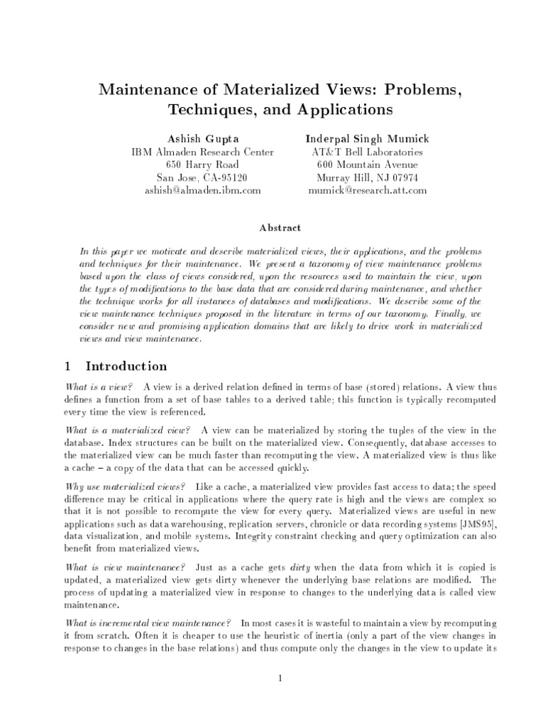 Maintenance Techniques for Materialized Views | PDF | Databases ...