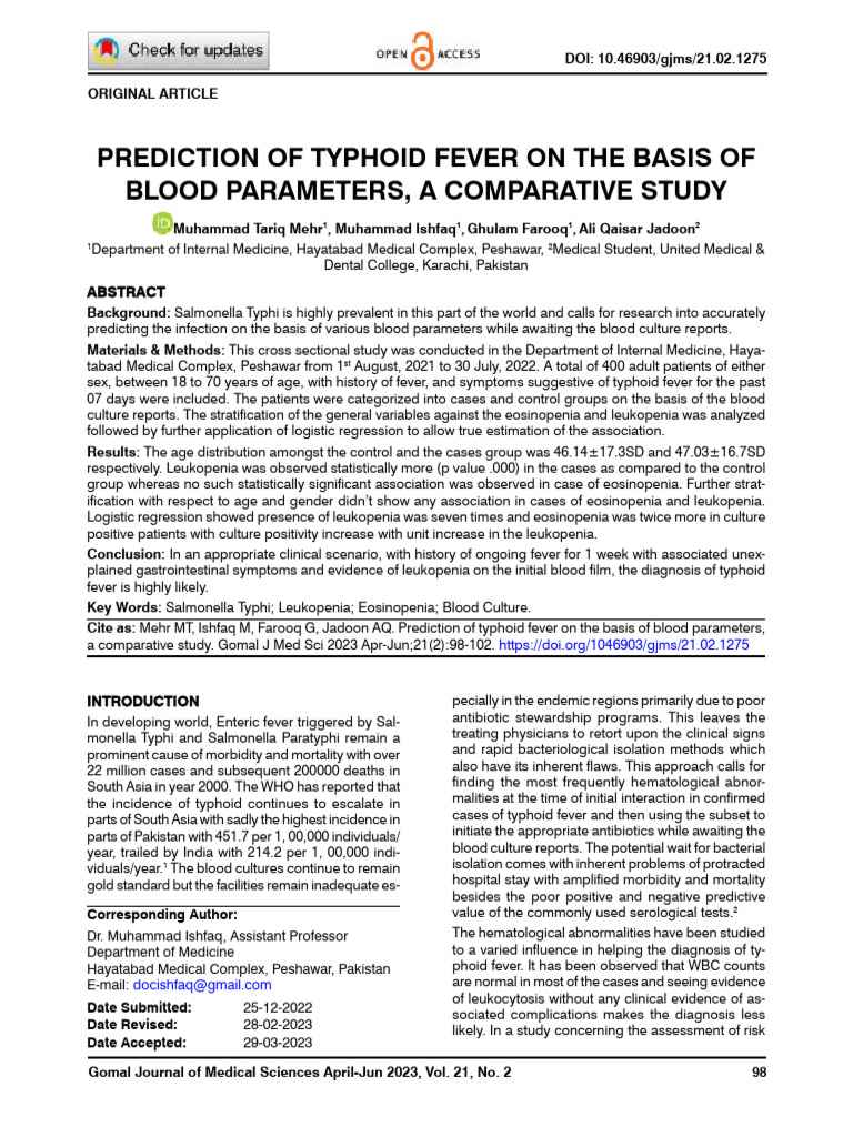 Typhoid Fever Prediction via Blood Tests | PDF | Medical Specialties ...