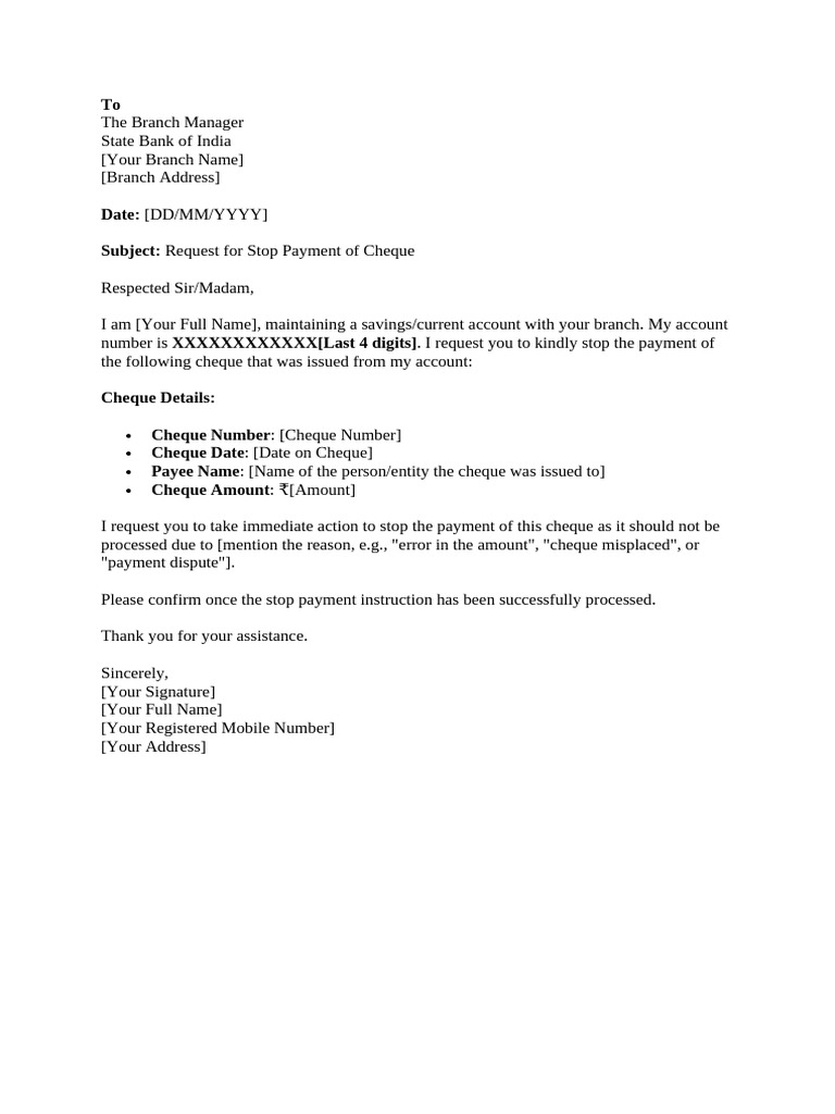 Stop Payment Request for Cheque Template | PDF