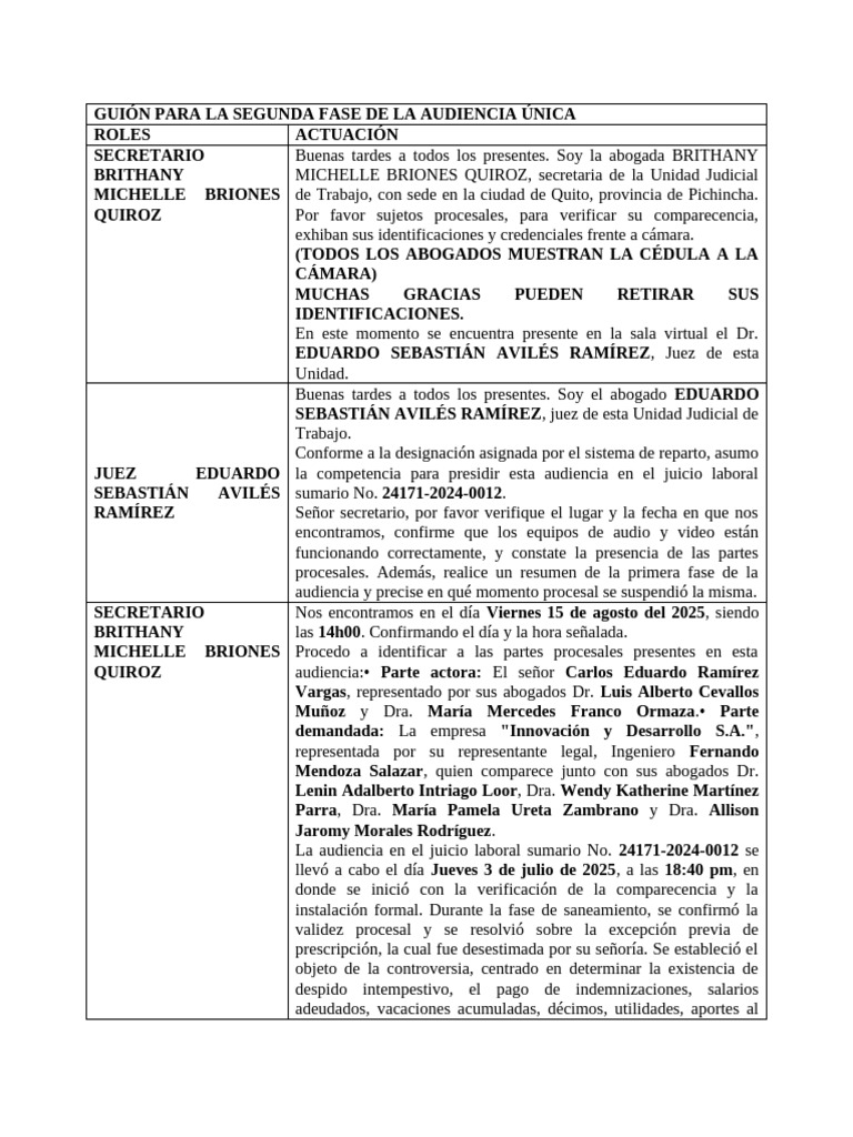 Guión para La Segunda Fase de La Audiencia Única | PDF | Testigo ...