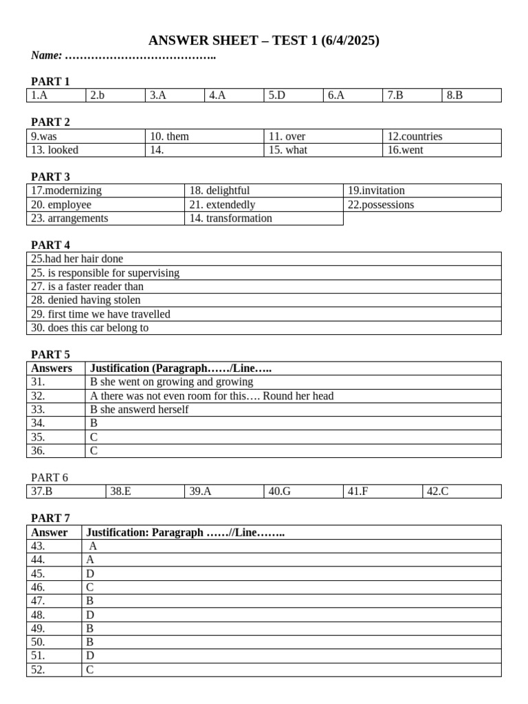 Answer Sheet Test3 | PDF