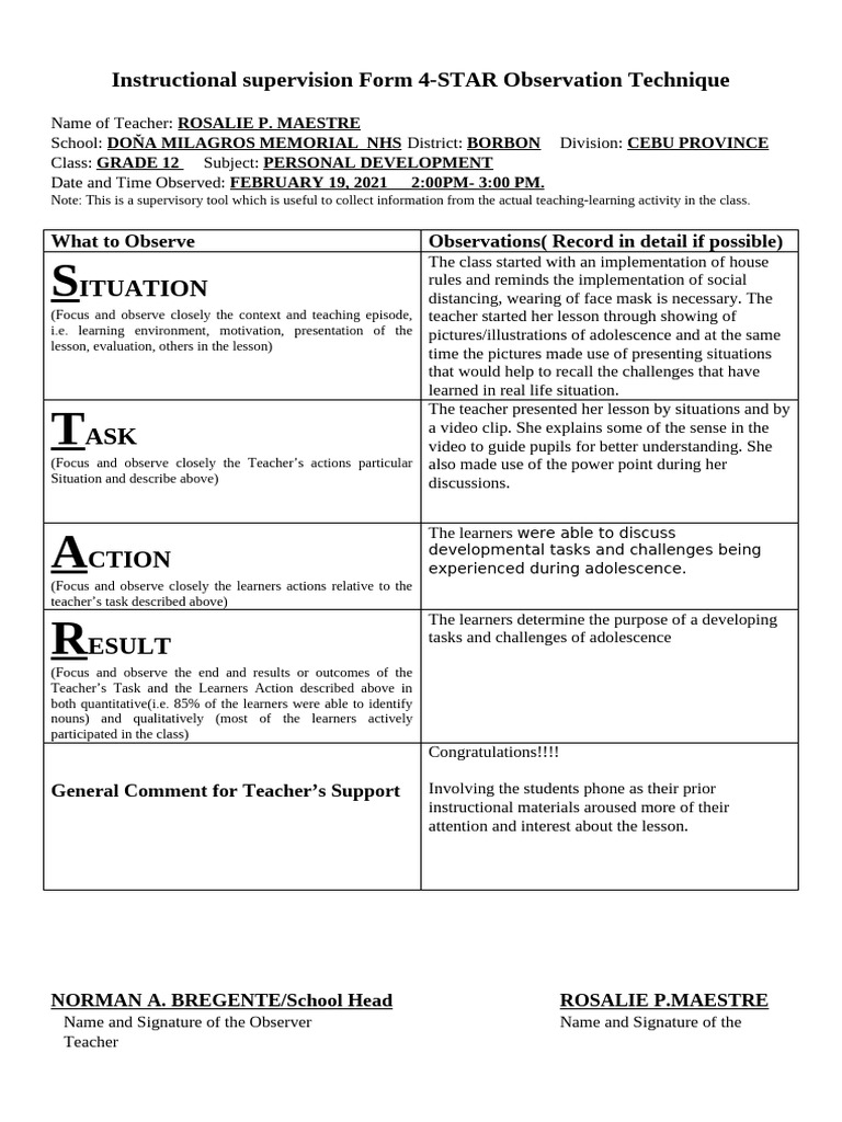 Instructional Supervision Form 4STAR | PDF | Learning | Teachers