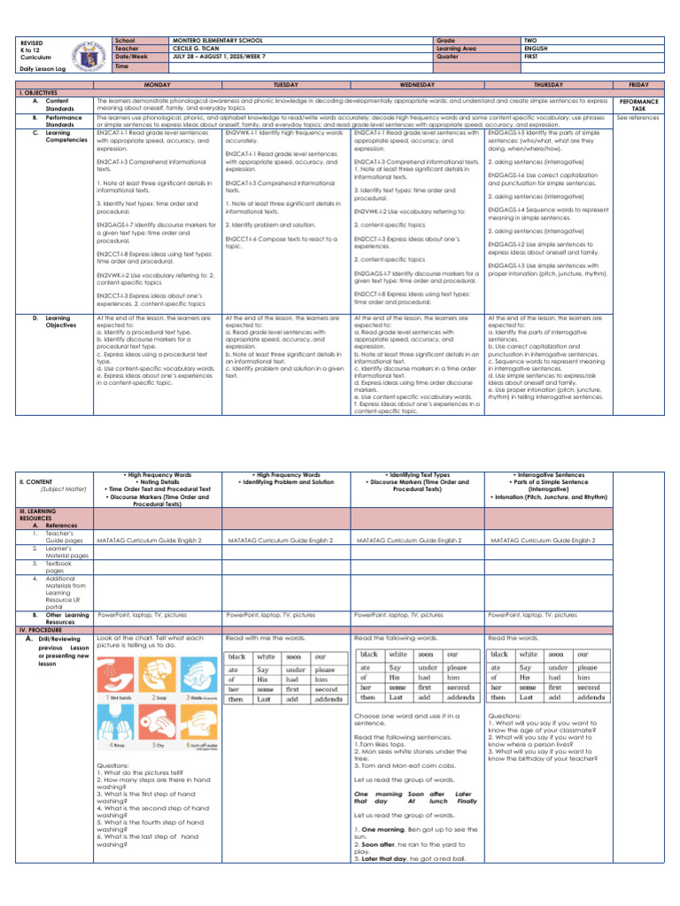 Grade 2 English Lesson Plan | PDF | Vocabulary | Curriculum