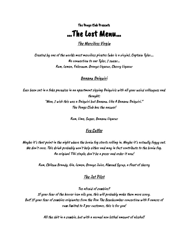 Pongo Club's Lost Tiki Menu | PDF