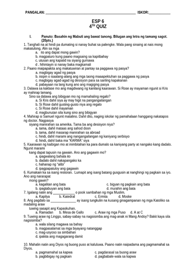 Esp 6 Summative Test q1-w4 | PDF