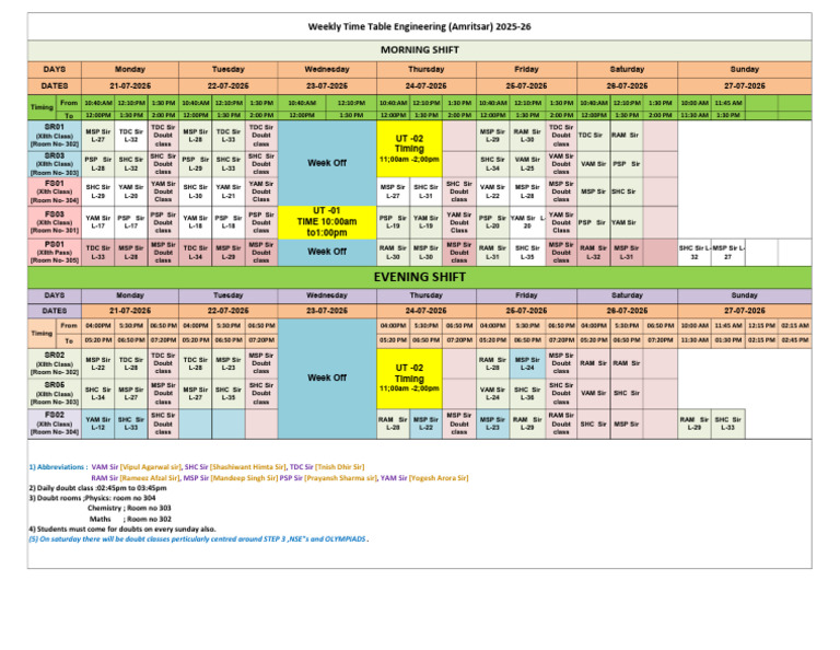 Engineering - Time Table - 21.07.2025 To 27.07.2025 | PDF