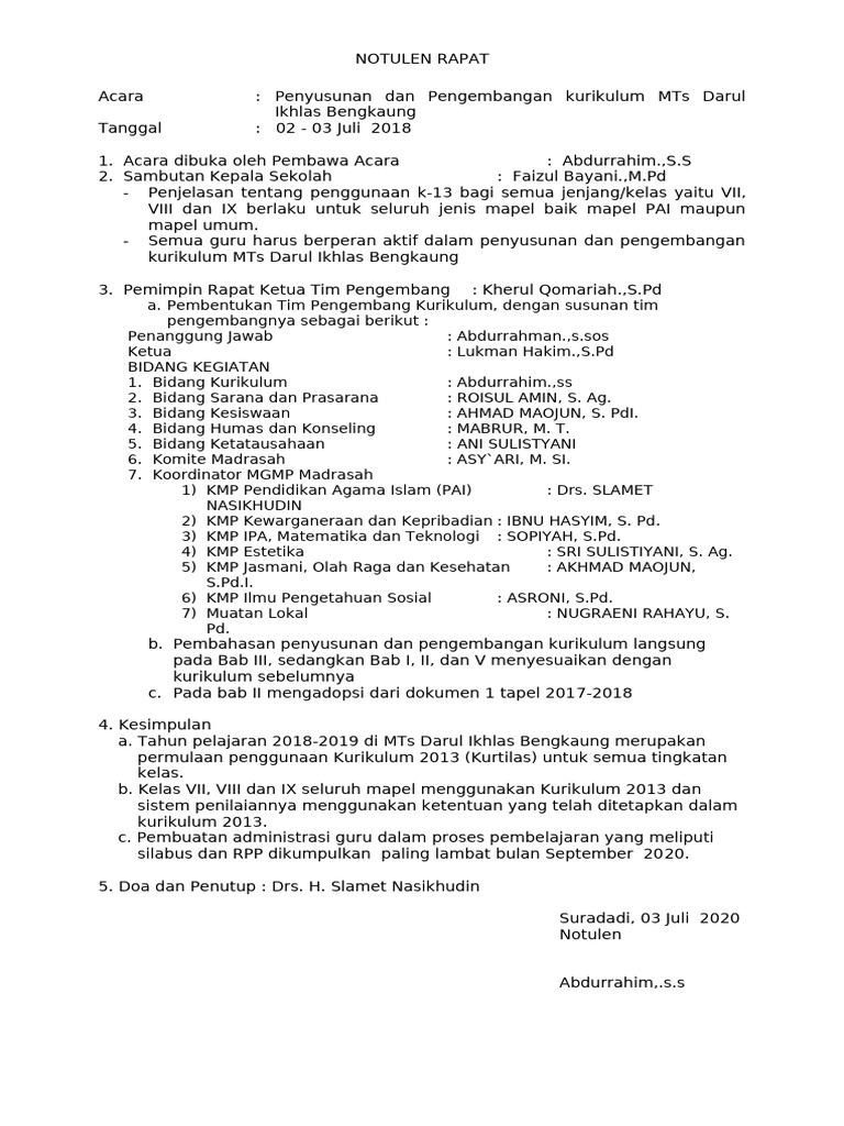 Notulen Rapat Kurikulum MTs Darul Ikhlas | PDF