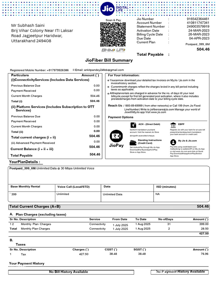 Jio Fiber Bill Summary Sample | PDF | Payments | Credit Card