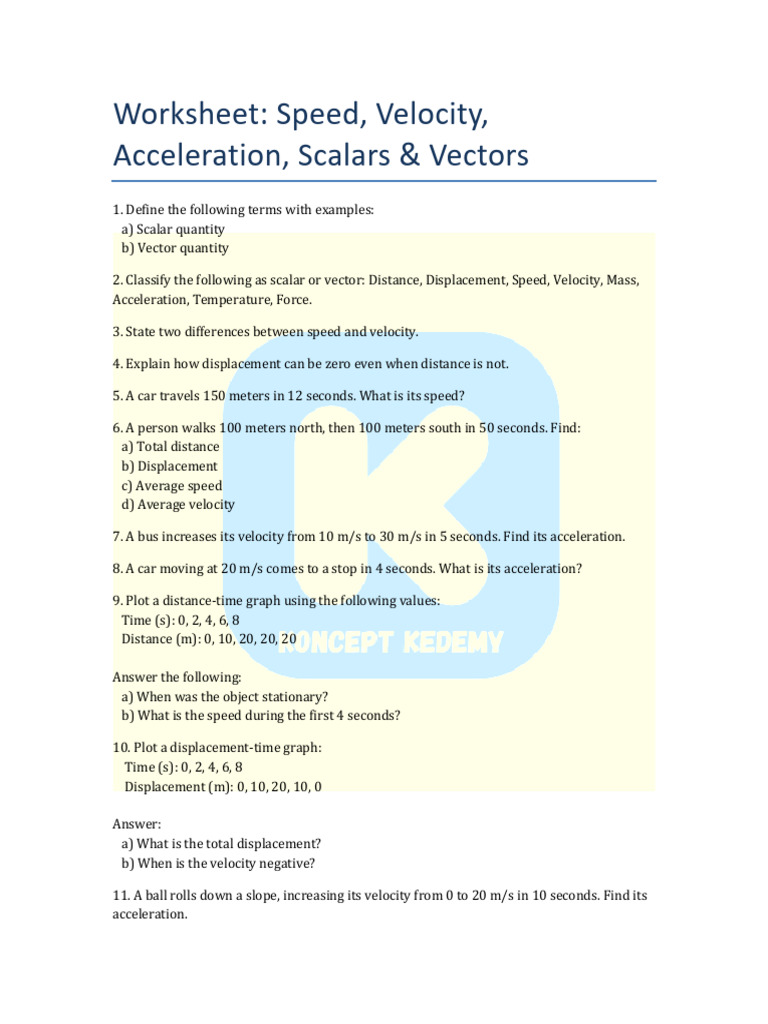 Speed, Velocity, and Acceleration Worksheet | PDF