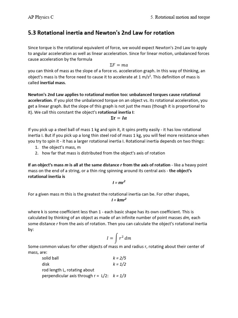 AP C Mechanics Notes Rotational Inertia | PDF | Rotation Around A Fixed ...